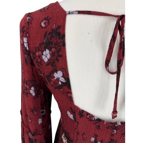 RARE Free People Floral Burgundy Bell Slv Mini Dress | Grunge Fairy Whimsigoth S - Picture 8 of 16